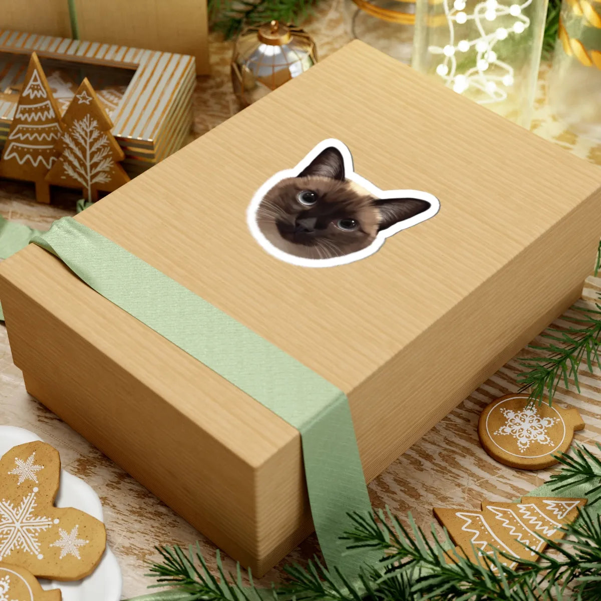 Personalized cat sticker on gift box-perfect holiday packaging with custom pet art
