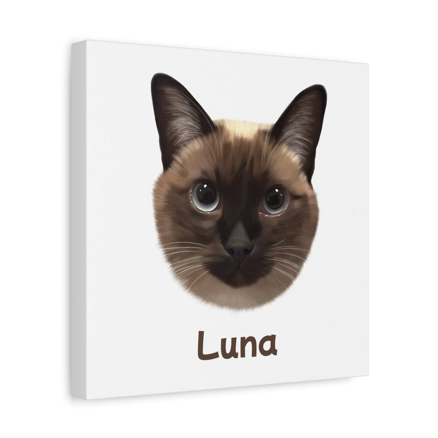 Side view of custom cat portrait canvas featuring Luna-personalized wall art for pet lovers