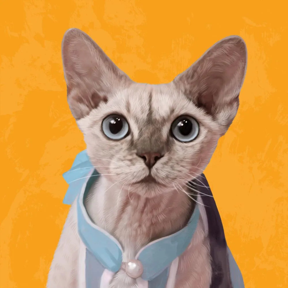 Devon Rex cat in blue outfit, wide eyes on orange backdrop – charming hand-painted custom cat portrait from Pawmise, perfect for pet lovers.
