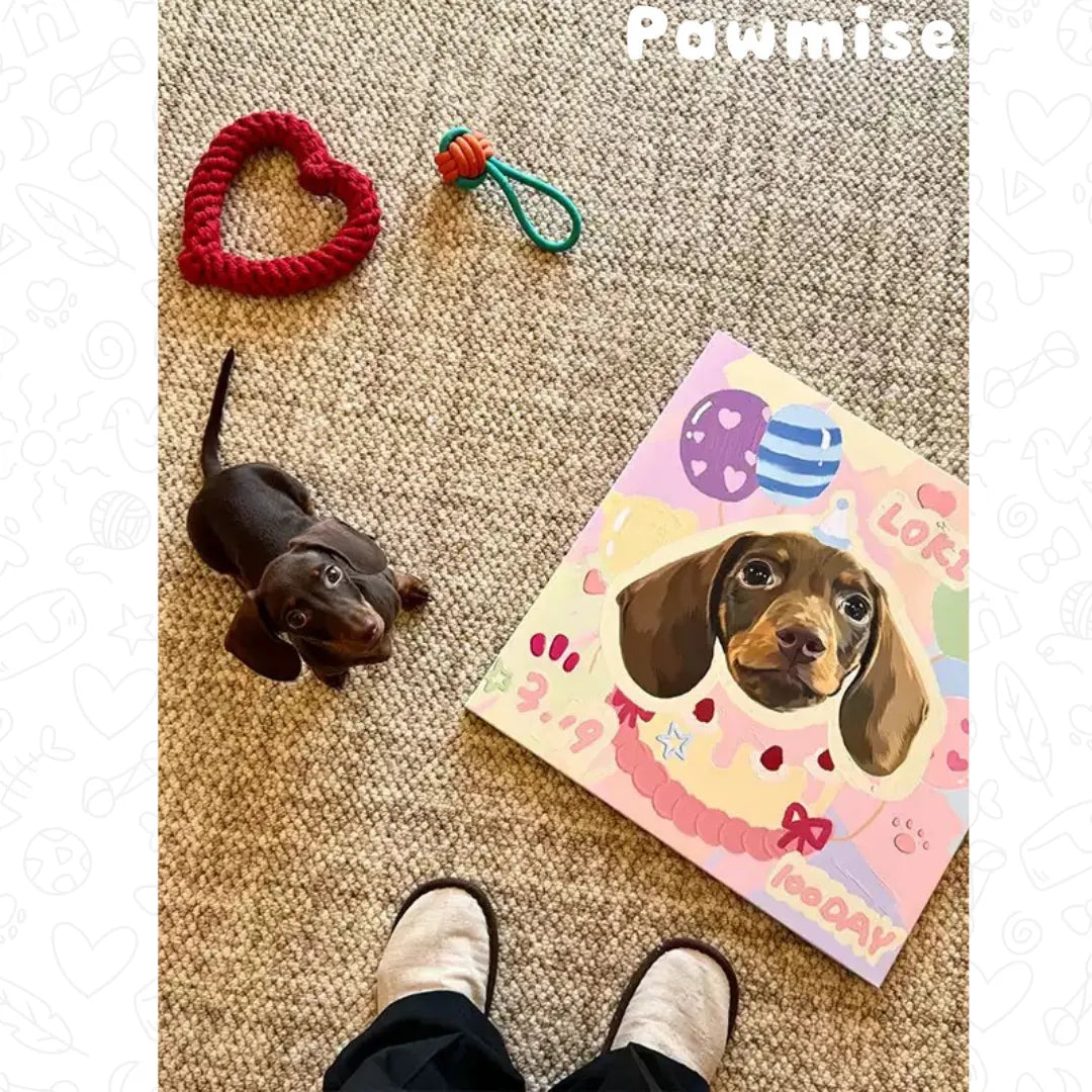 Pawmise custom dog portrait canvas placed beside a puppy-fun and heartwarming personalized gift