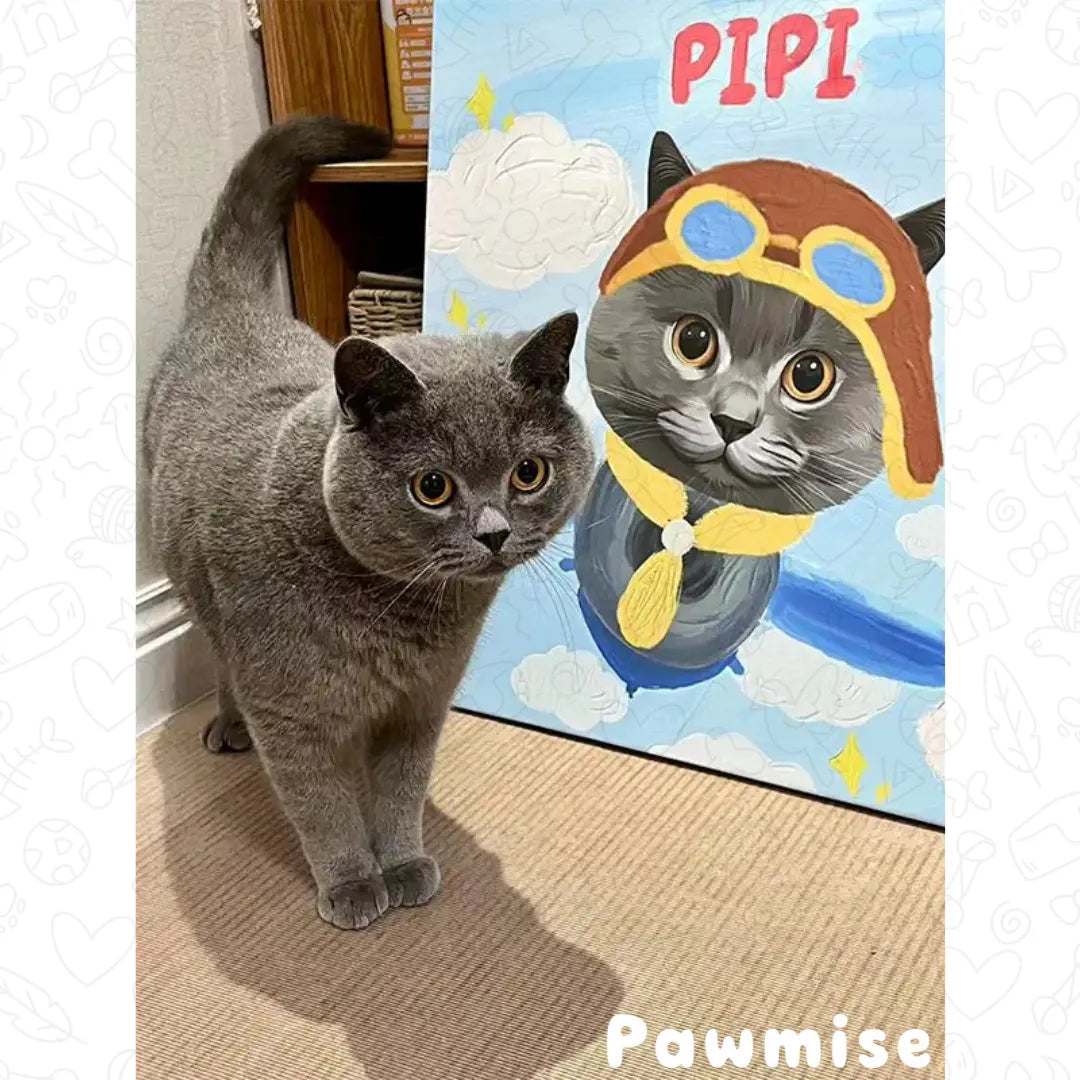 Gray cat custom portrait with aviator design-whimsical and unique gift for cat lovers