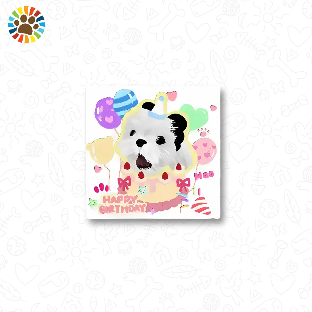 Hand-painted pet sticker of dog with party hat and balloons-custom birthday gift for dog lovers