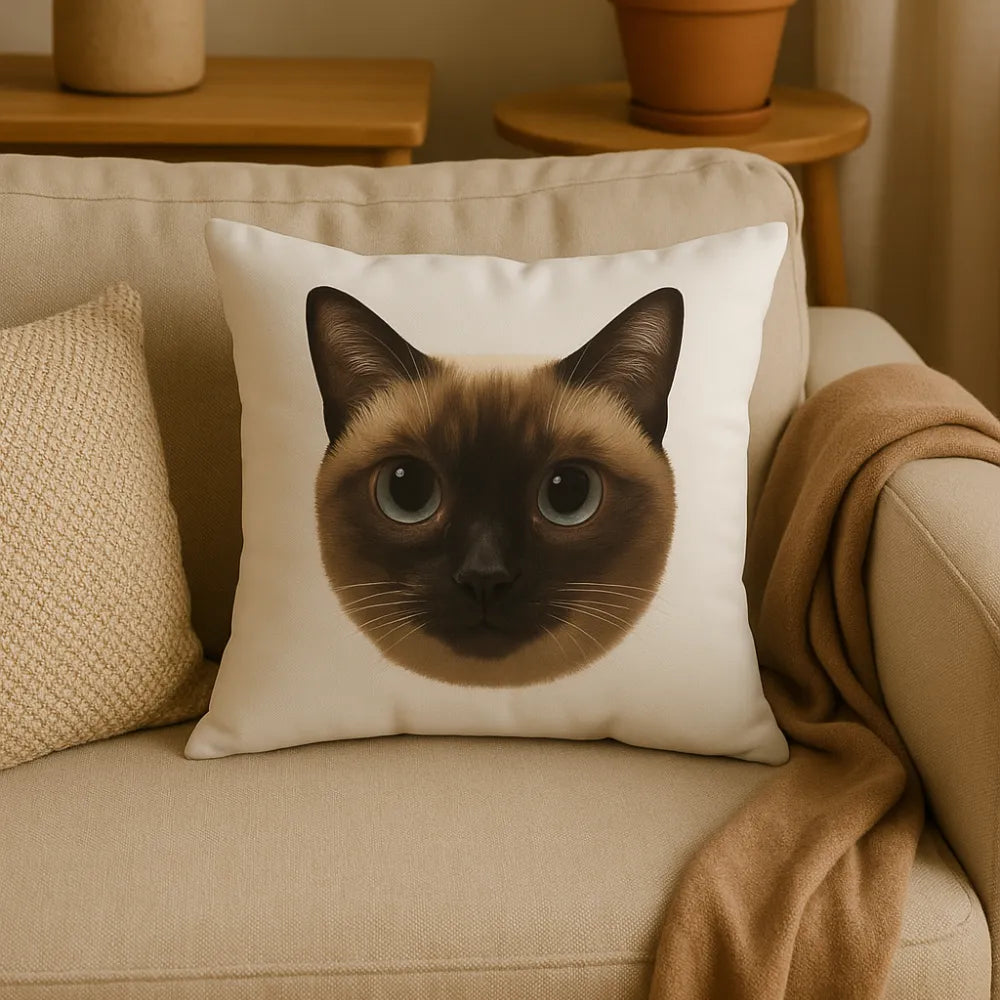 Hand-painted custom cat pillow placed on a cozy beige sofa, a perfect gift for cat lovers.