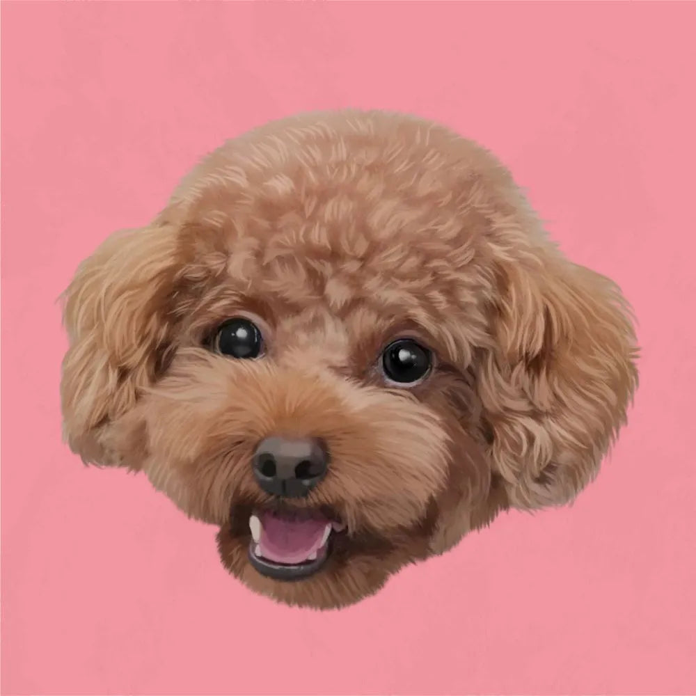 Detailed poodle portrait with a joyful expression, captured on a pink backdrop. A lovely custom pet gift idea.