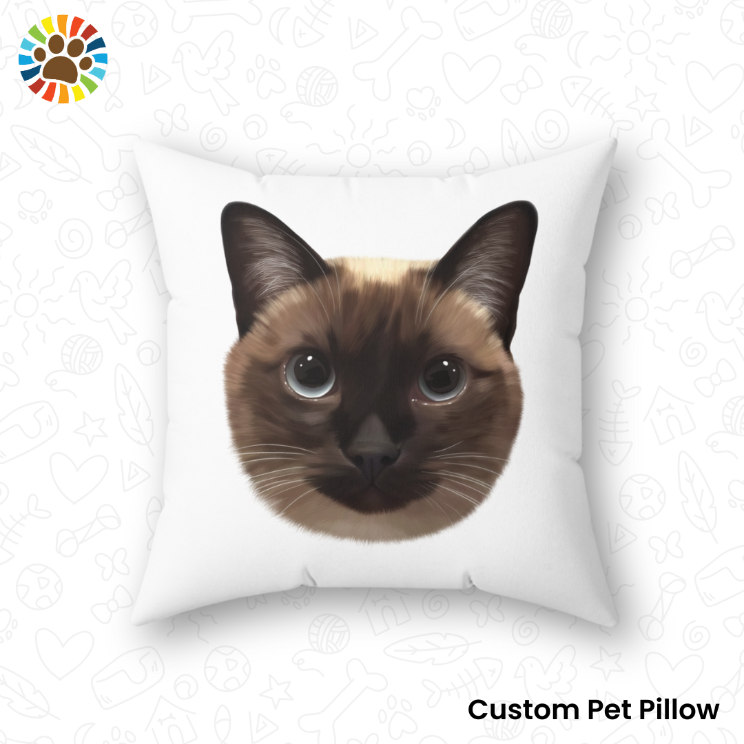 Custom pet pillow featuring a Siamese cat’s face on a white background. A cute and cozy personalized gift for cat owners or memorial keepsake.
