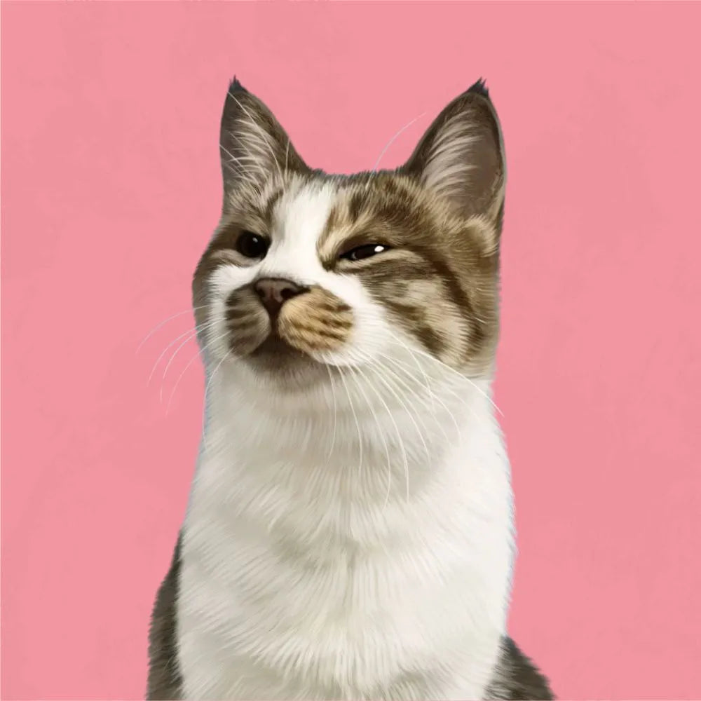 Custom hand-painted tabby cat portrait with a cheeky expression on pink background – a perfect personalized pet gift from Pawmise.