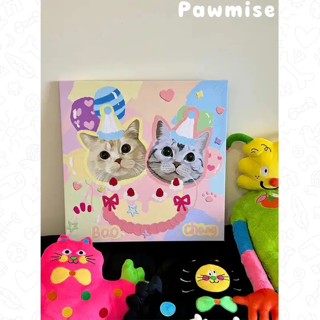 Double cat portrait canvas with party hats and birthday design-ideal for pet anniversary celebrations