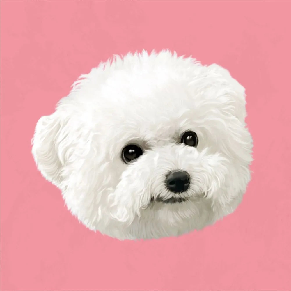 Cute white Bichon close-up pet portrait on a pink backdrop. Ideal for custom pet portraits and unique gifts for dog lovers.