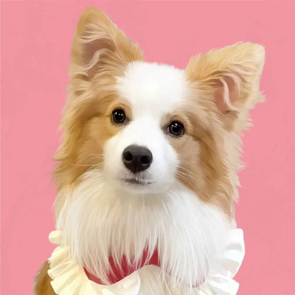 White and tan dog in pink bow tie on pink background – personalized pet portrait for dog lovers, exclusive by Pawmise.