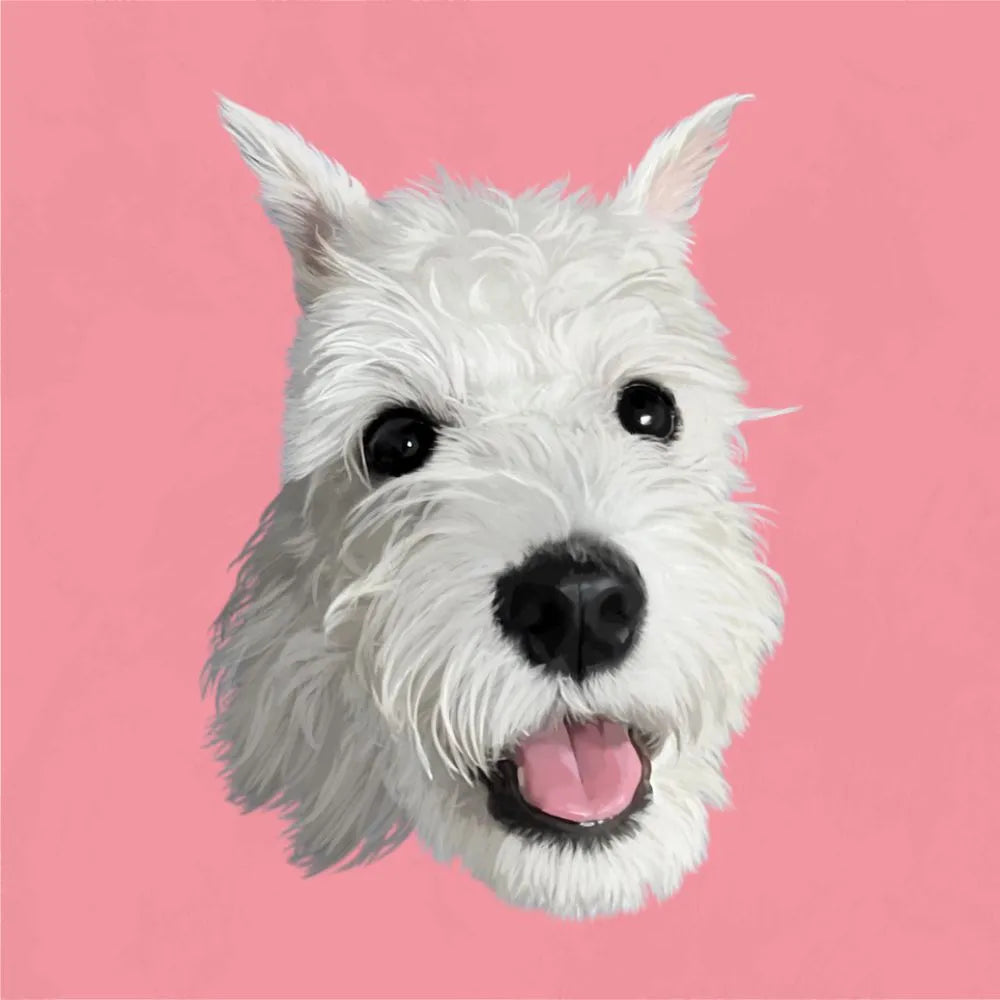 Personalized dog portrait of a white Terrier on pink background, perfect as a custom pet portrait mug or gift for dog lovers.