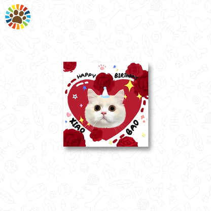 Custom cat birthday sticker with red heart and roses-unique memorial gift for cat lovers