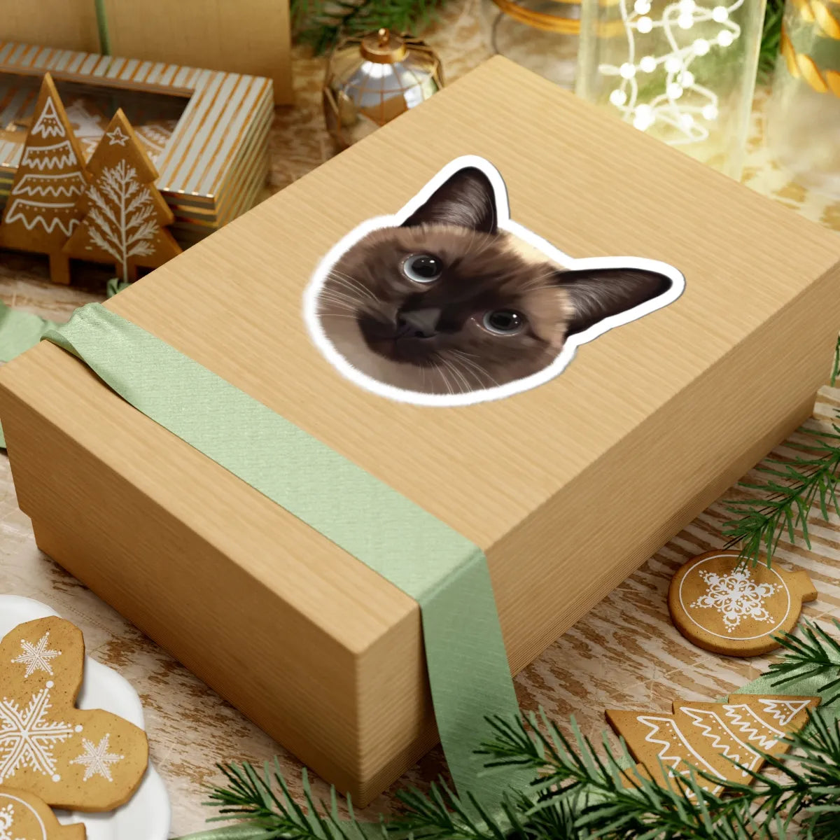 Large custom cat portrait sticker placed on a gift box-personalized holiday pet gift