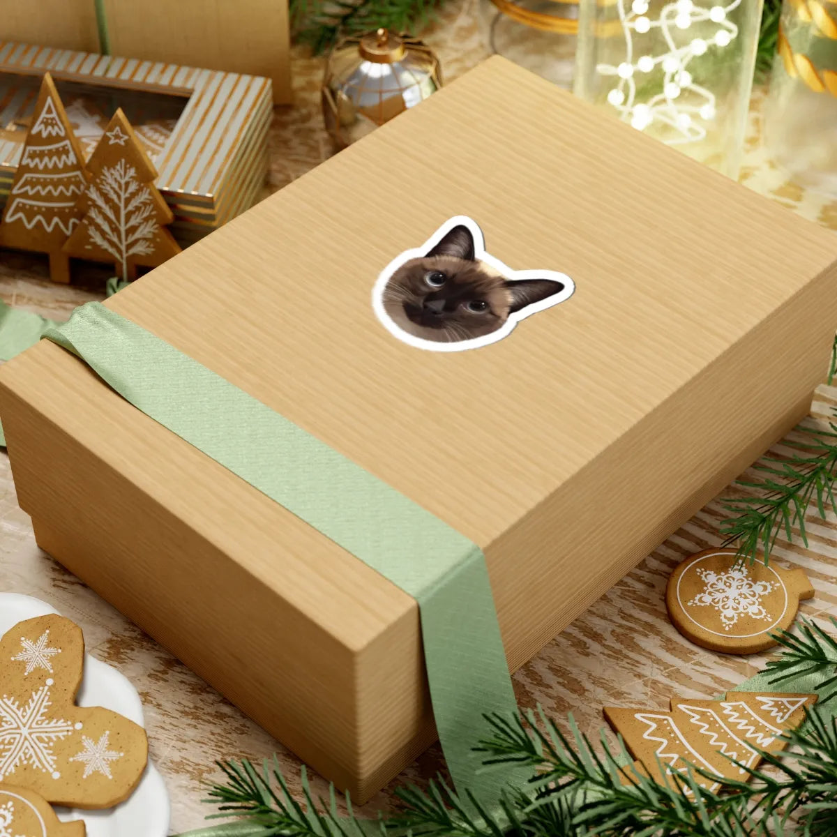 Medium-sized cat portrait sticker on gift box-great for custom gift wrapping