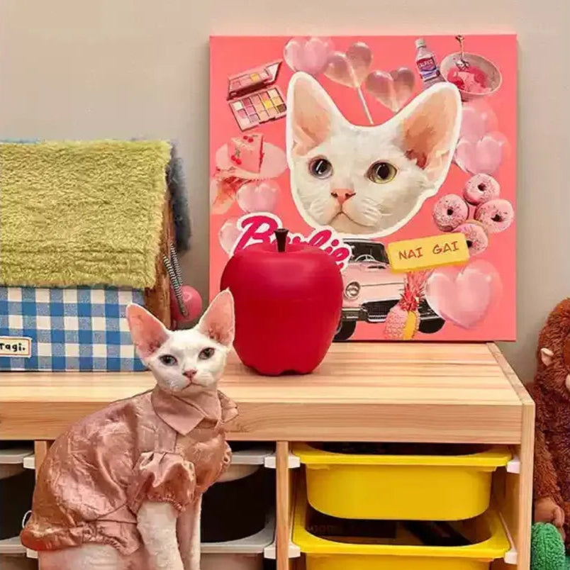 Stylish pink-themed custom canvas portrait of a cat-perfect decor or unique pet gift