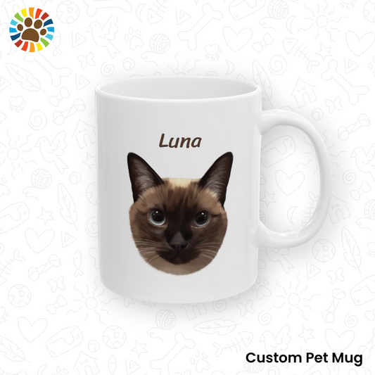 Custom ceramic mug with a digital portrait of a Siamese cat named Luna. A thoughtful personalized pet gift or coffee mug for cat lovers.