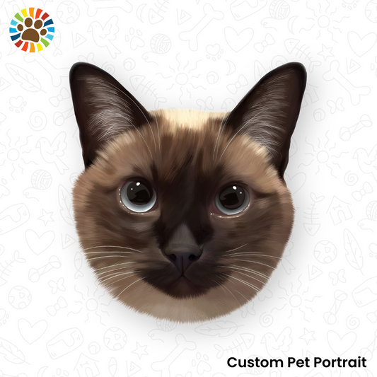Realistic hand-painted custom portrait of a Siamese cat with blue eyes, suitable for printing on pet gifts or memorial frames.