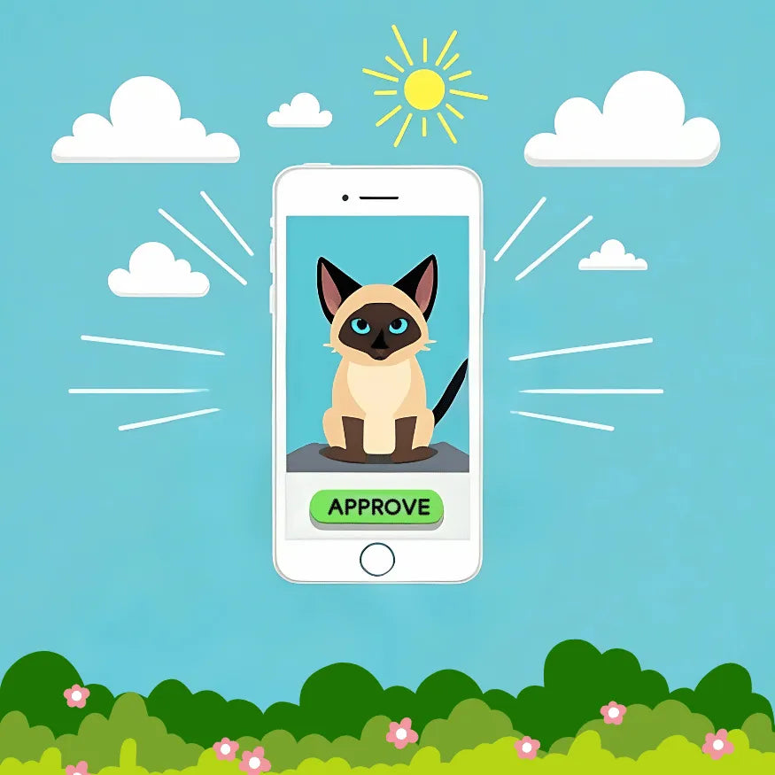 Mobile preview screen showing a Siamese cat portrait with 'Approve' button, part of the custom pet portrait order flow.