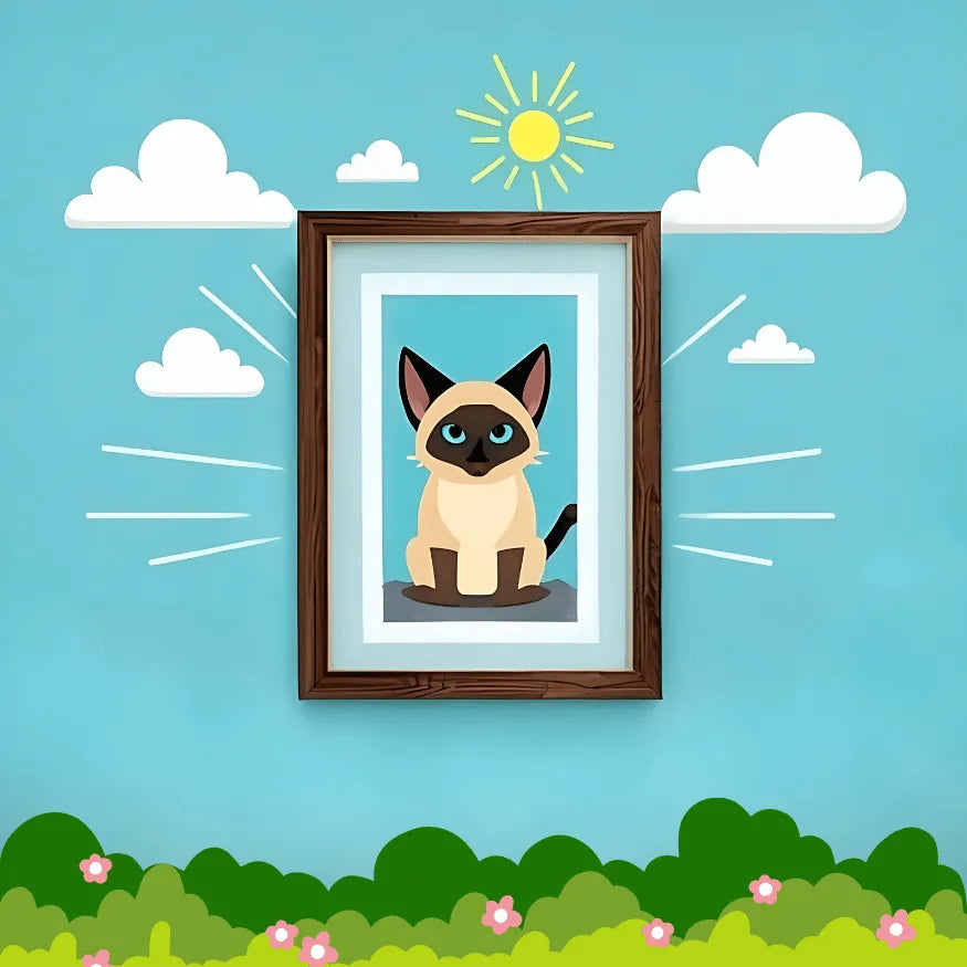 Whimsical cartoon-style framed Siamese cat art with a sunny sky background. Perfect pet anniversary gift idea or decor for cat owners.