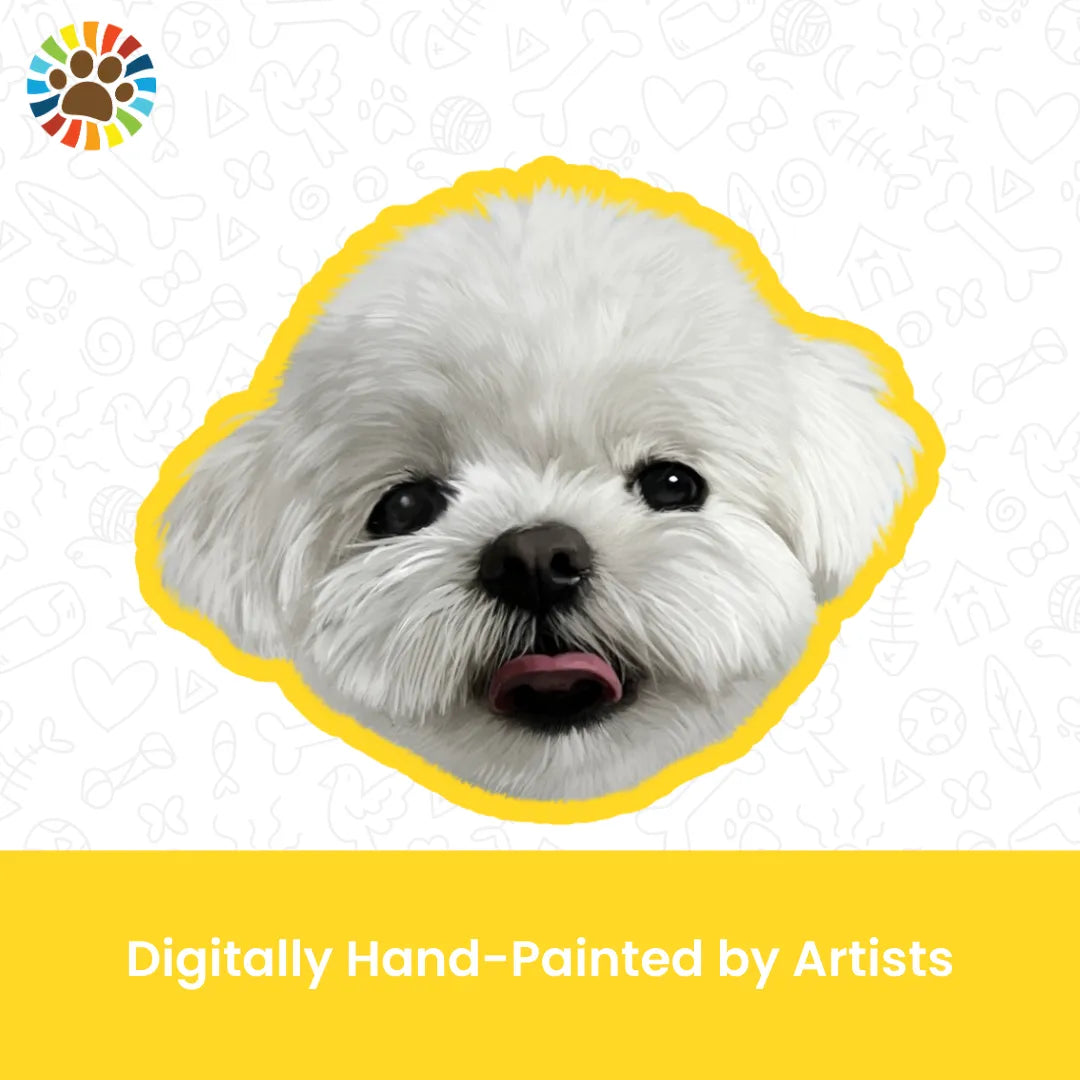 Digitally hand-painted white dog portrait with yellow border-custom pet art by real artists