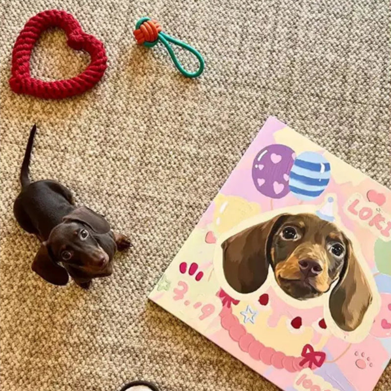 Pawmise custom dog portrait canvas placed beside a puppy-fun and heartwarming personalized gift