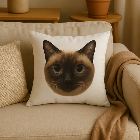 Hand-painted custom cat pillow placed on a cozy beige sofa, a perfect gift for cat lovers.