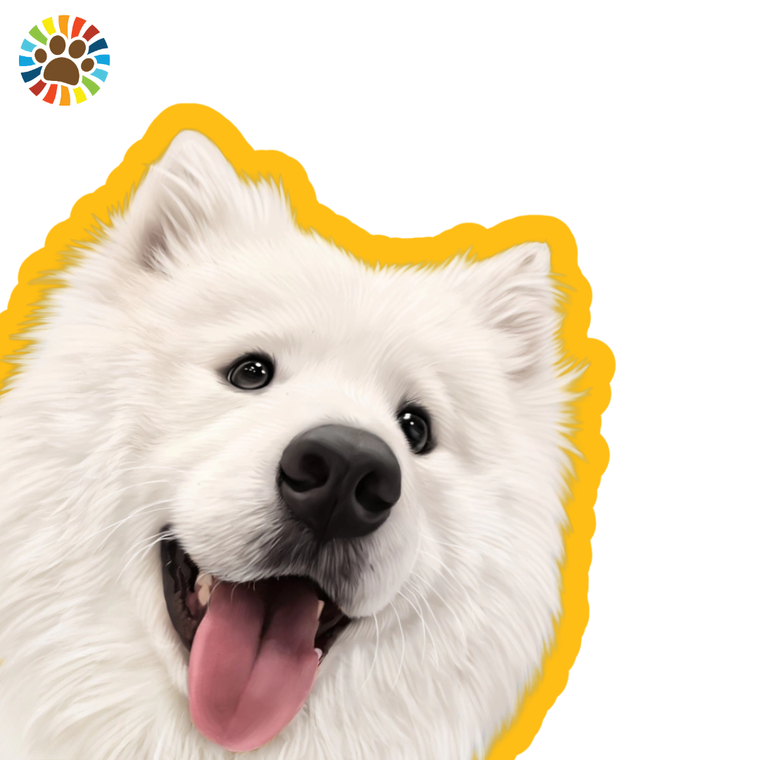 Digital custom pet sticker of a happy Samoyed with tongue out and yellow outline. Ideal for custom pet portrait gifts or accessories.
