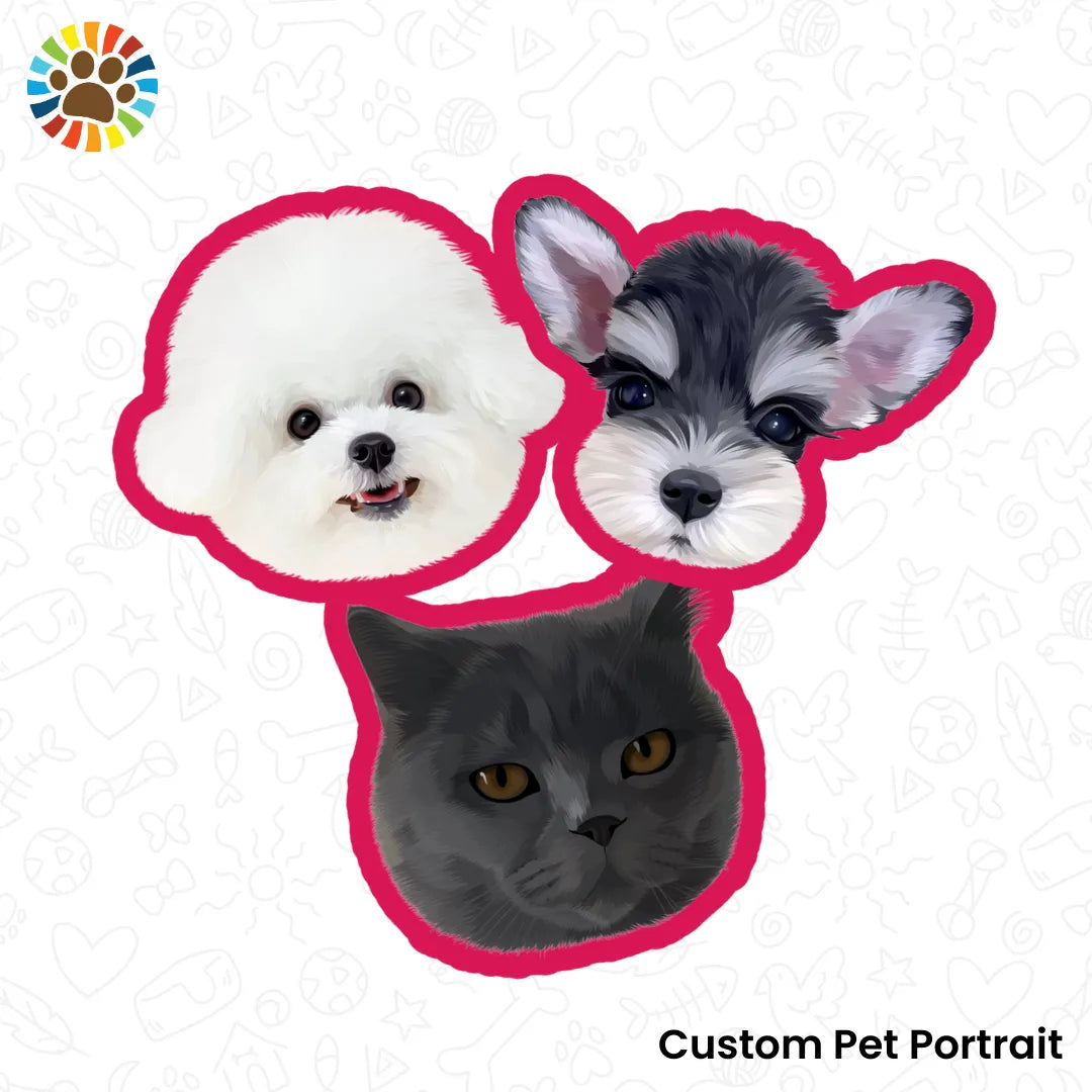 Sticker with three custom pet heads-bichon, schnauzer, and gray cat-adorable multi-pet gift idea