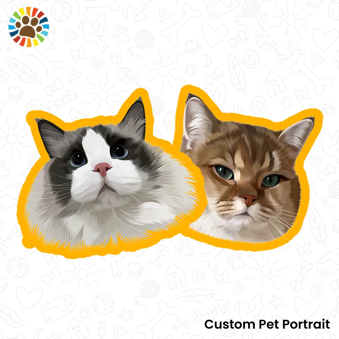 Custom pet sticker with two cat portraits outlined in yellow-thoughtful gift for multi-cat homes