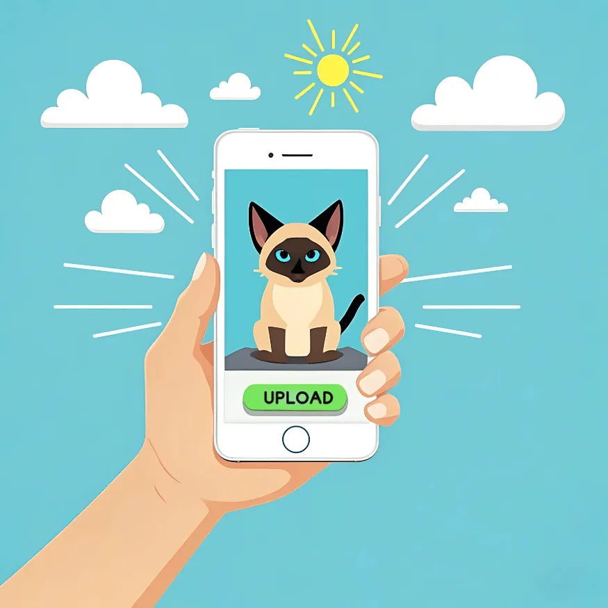 User uploading a Siamese cat photo on mobile, step in creating a personalized pet gift like a mug or pillow.